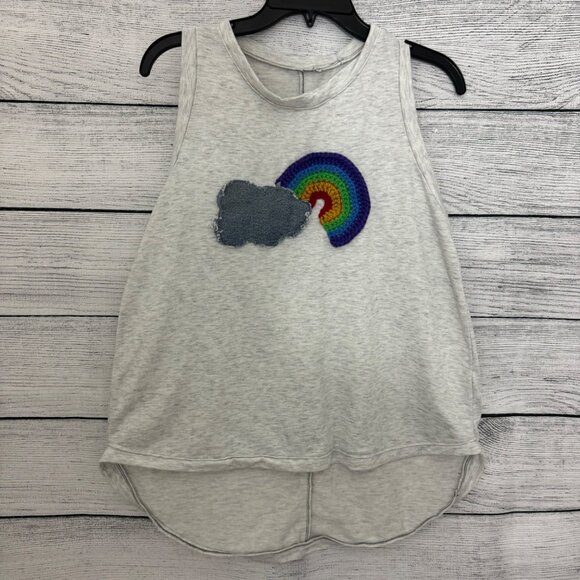 BeMo Designs Sleeveless Gray Tank Top With Crochet Rainbow & Denim Cloud Patch S - Picture 1 of 3